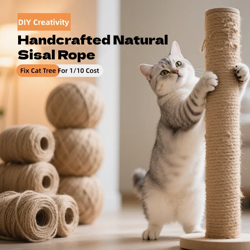 Natural Sisal Rope for Cat Tree Replacement DIY Scratching Post Repair Rope Furniture Protector Claw Grinding Rope with Tool