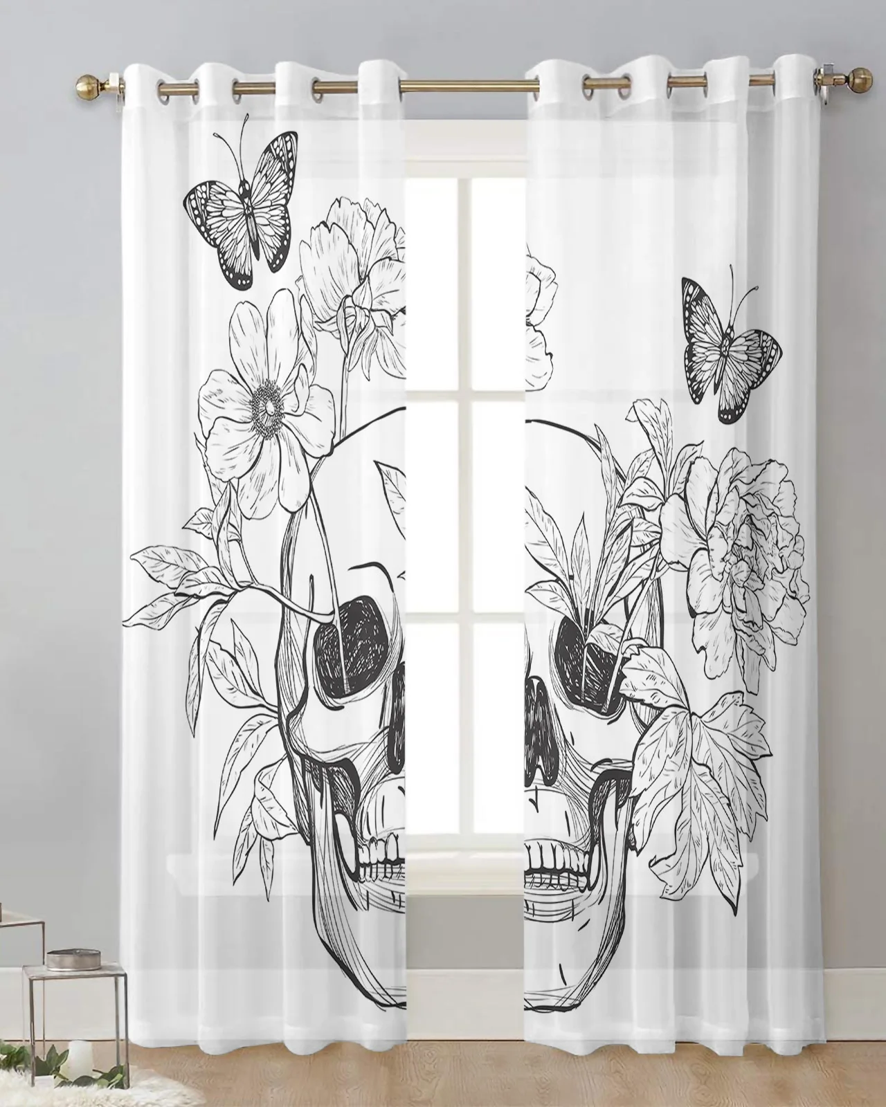 Hole Head Flowers Butterfly Leaves Voile Hanging Curtain Living Room Sheer Curtain Home Decor Chiffon Drapes Gauze Window Panels