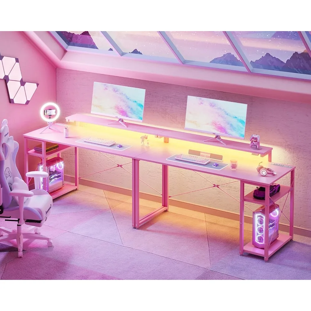 Pink Gaming Desk with Led Lights & Power Outlet, 47 Inch Gaming Computer Desk with Shelves, Reversible Gamer