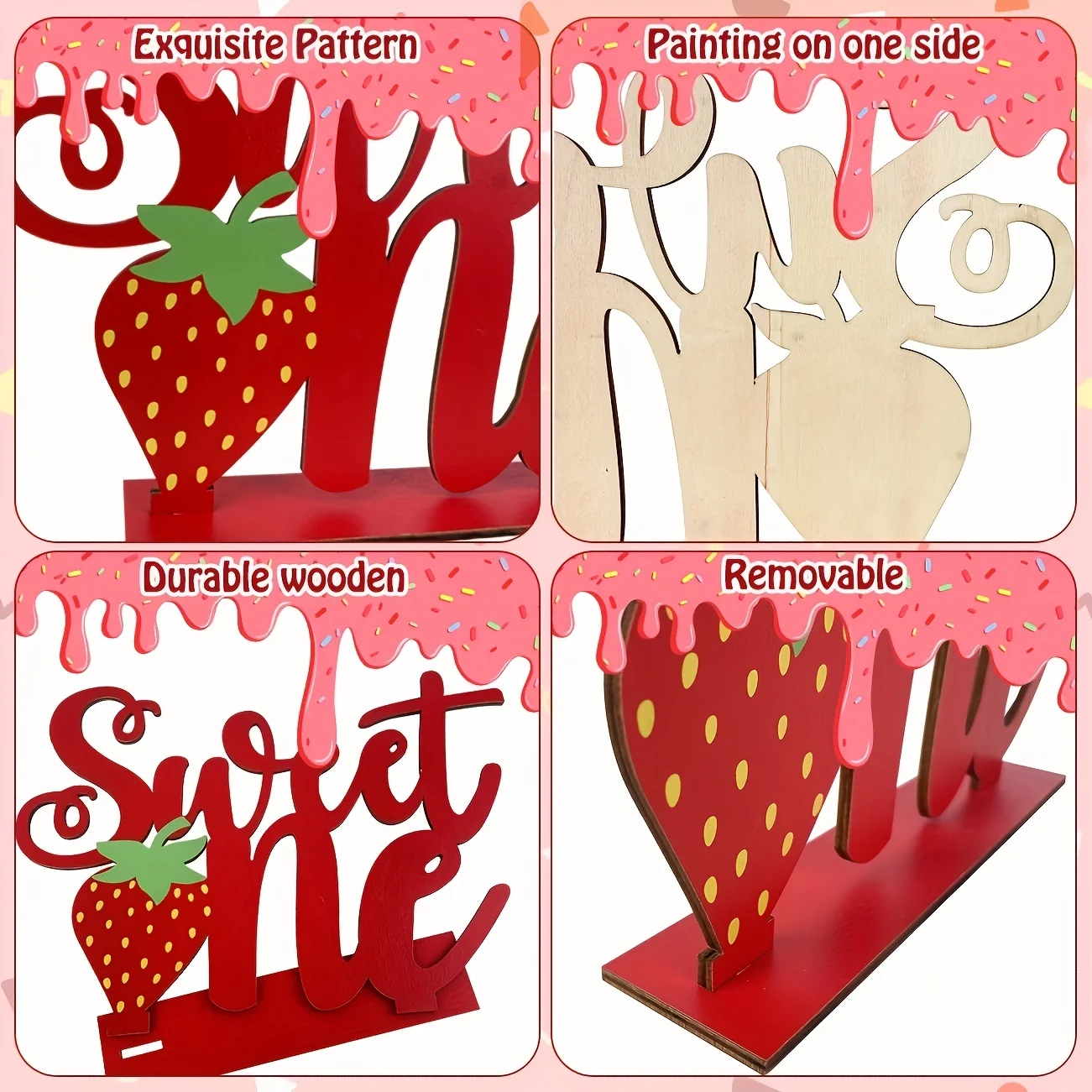 Strawberry Theme Birthday Party Wooden Centerpiece Signs Berry Sweet One Letter Sign Table Topper for Baby Girls Strawberry 1st
