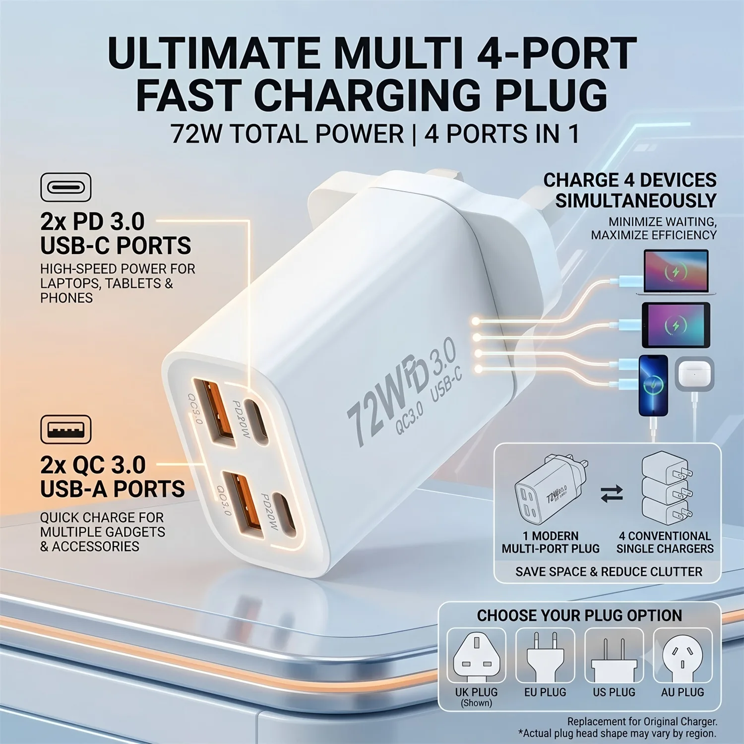 72W Multi-Port Fast Charging Adapter Dual USB-A Type C PD Wall Charger Compact Universal Power Adapter for Xiaomi Huawei iPhone