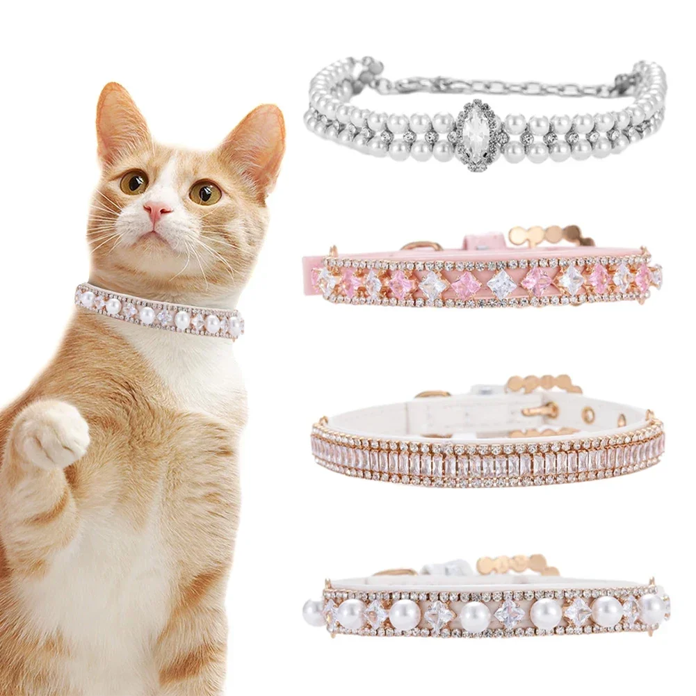 Adjustable Dog Cat Pearl Collar For Puppy Cat Strap Crystal Rhinestone Pearl Cat Necklace PU Leather Neck Strap Pet Accessories