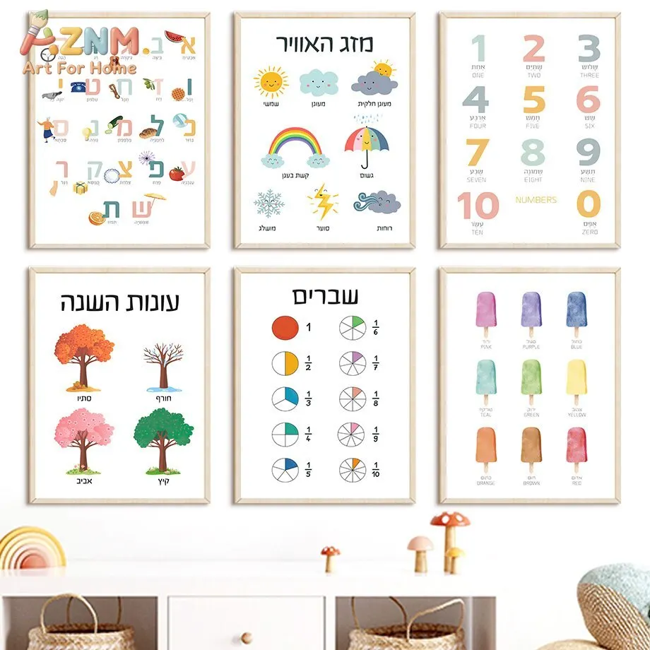 AZNM Hebrew Educational Canvas Wall Art Alphabet Numbers Seasons Weather Colors Print for Kids Nursery Classroom Decor No Frame