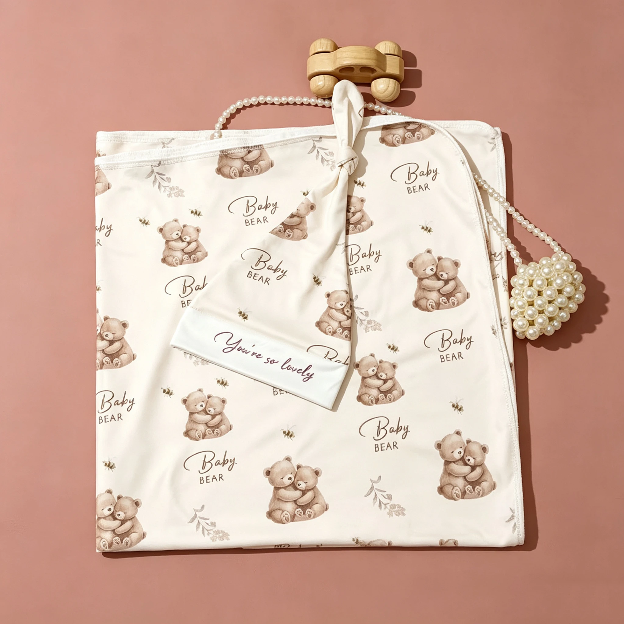 Neutral Bear Series Newborn Swaddle Blanket Knotted Hat Set 32×32in Soft Skin Friendly Baby Receiving Blanket Unisex Photography