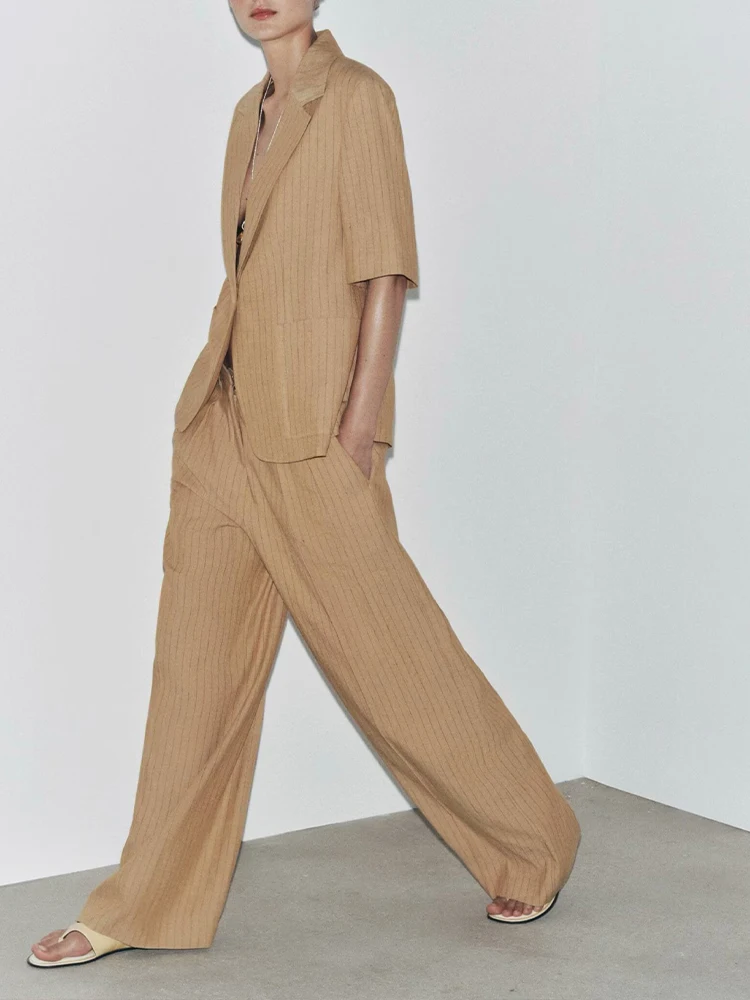 

European style new women's fashion versatile temperament striped blended suit jacket trousers suit