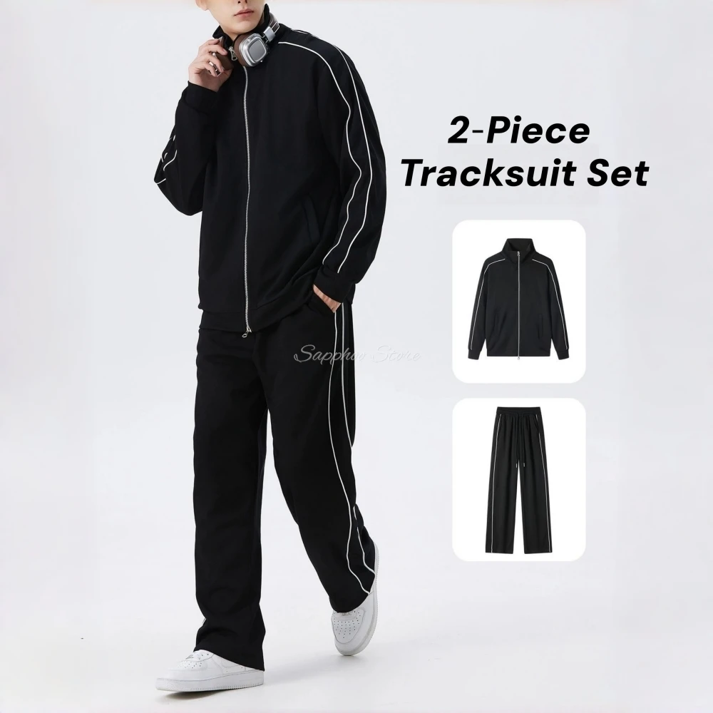 Men Color‑Contrast Striped 2‑Piece Tracksuit Stand‑Collared Full‑Zip Jacket & Straight‑Leg Pants Set Casual Outfit Spring Autumn