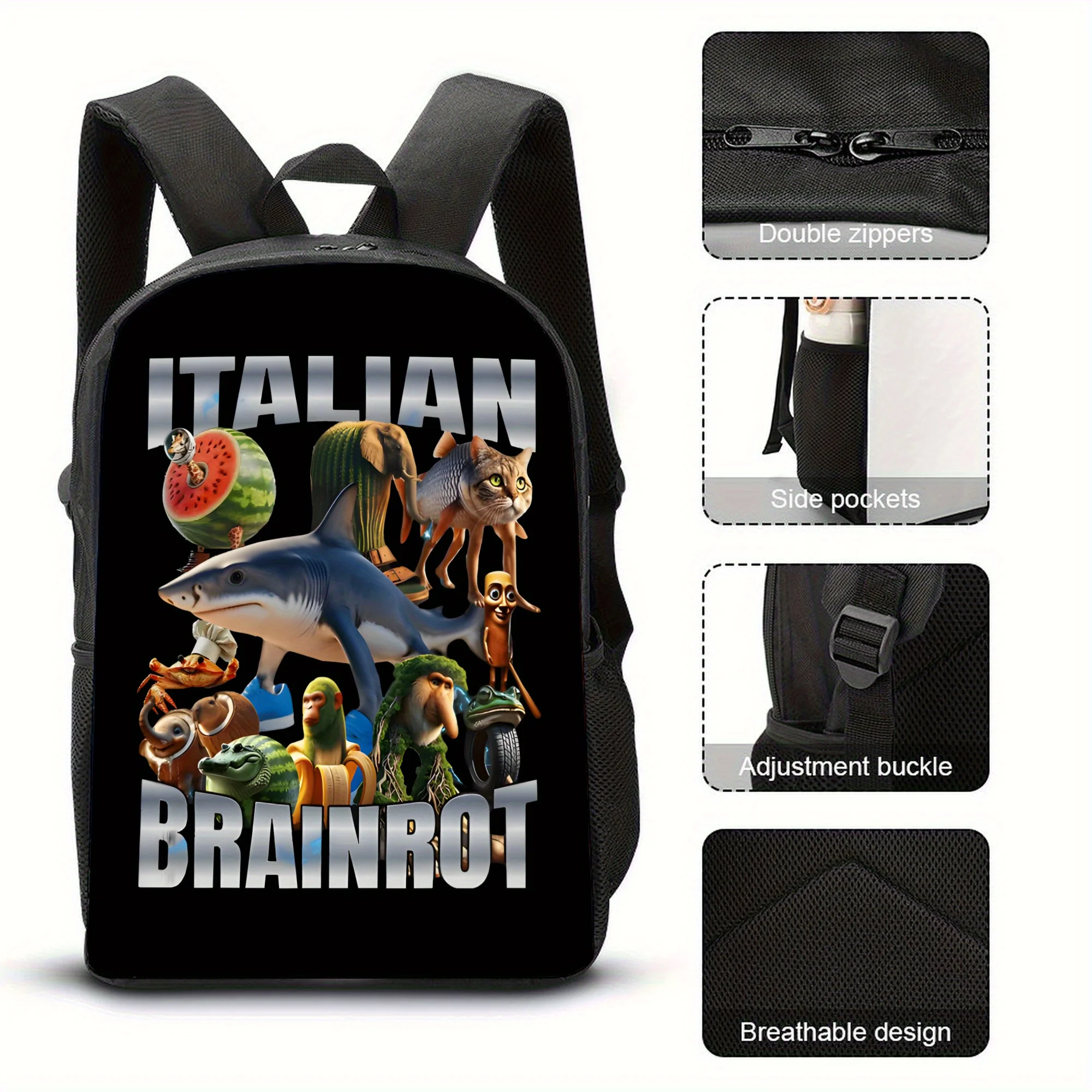 Italian Brainrot Printed Commuter Backpack - Street Style Ergonomic Decompression Shoulder Straps, Adjustable Buckle, Laptop Com