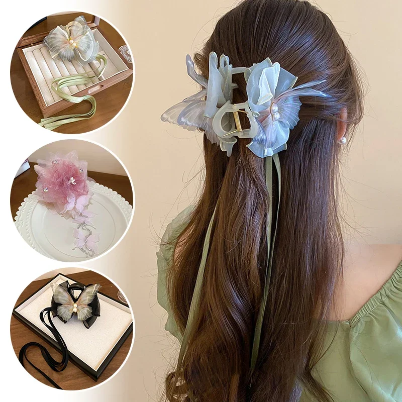 

Sweet Fairy Style Long Fringe Hair Claw Clips Pink Gauze Flowers Rhinestone Butterfly Accessories for Women Fairycore Fashion