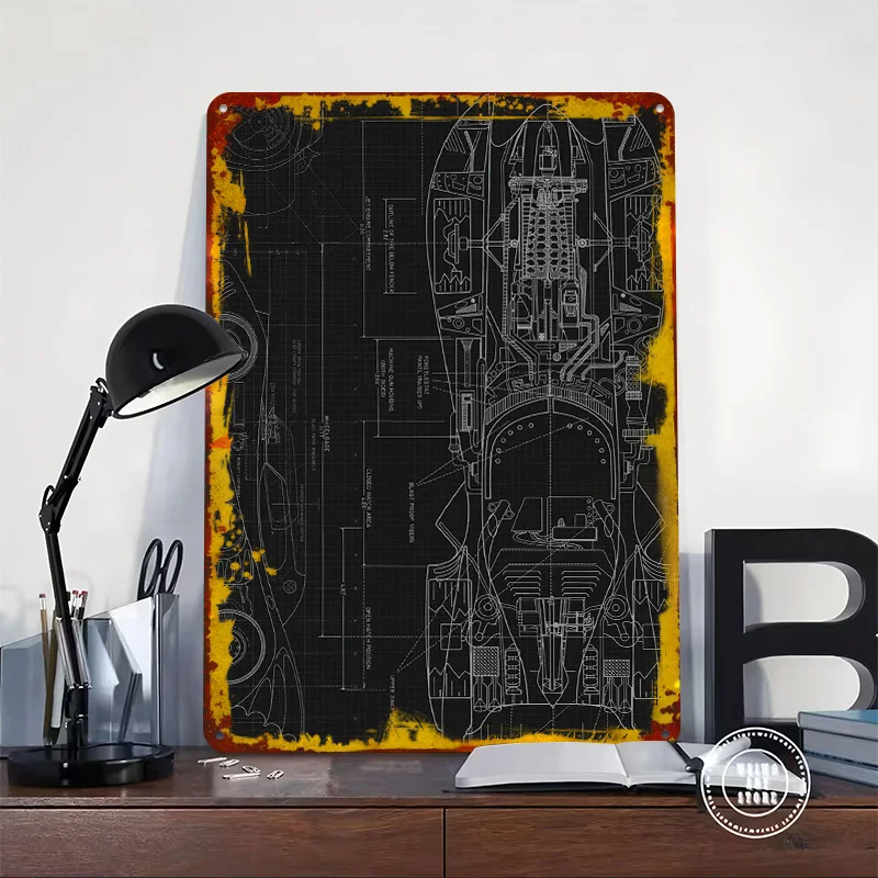 Blueprints Bat Mobil Car Poster Customized Vintage Metal Signs Wall Art Retro Tin Plaque for Garage Decoration Bedroom Man Cave