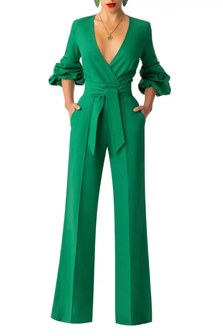 Green Mother Of The Bride Pants Suits Jumpsuits Women Long Sleeve Formal Party Prom Evening Wear With Belt