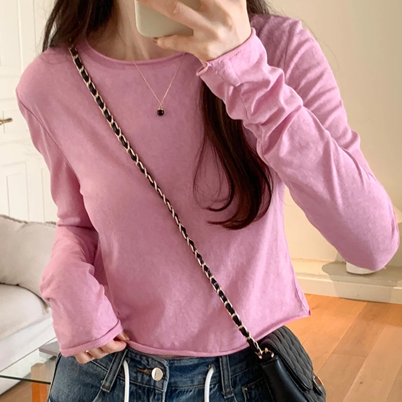 

Korean Style Pink Tshirts Female Long Sleeve T Shirt Woman O Neck Crop Tops 2023 Autumn Casual Clothes for Women Tee Shirt Femme