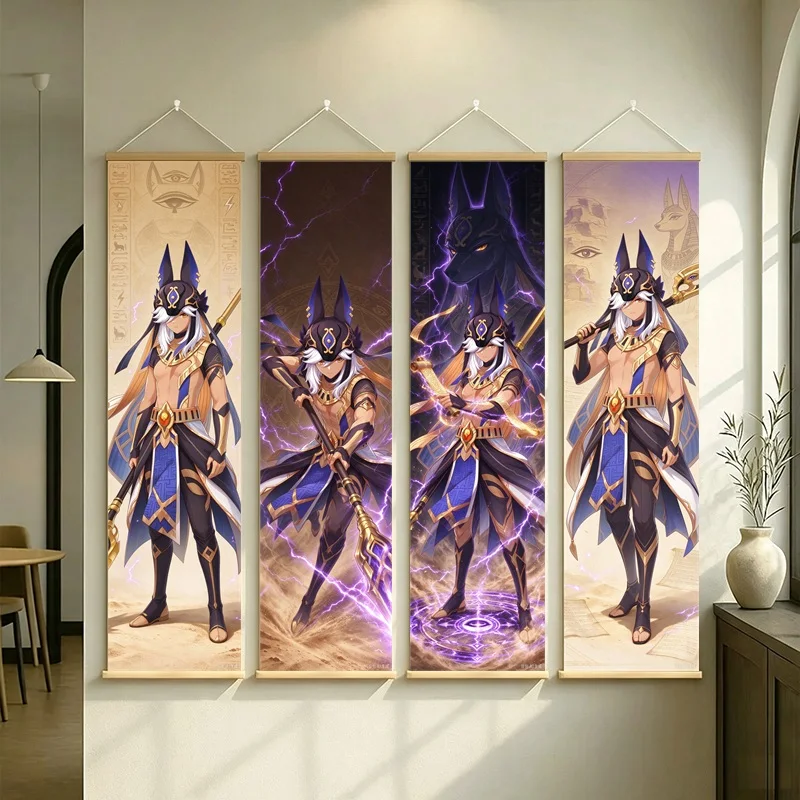 Hanging Scroll Wall Art of Genshin Impact Cyno in Gold and Purple Fantasy on Silver Shimmer Canvas for a Gaming Room