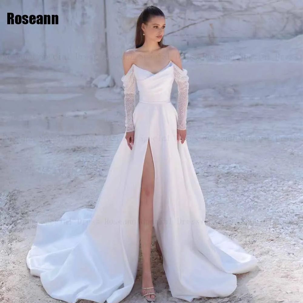 Exquisite A-line Wedding Dress Off-The-Shoulder Front Split Full Open Back Bride Dresses Brush Train Floor Length robe de mariée