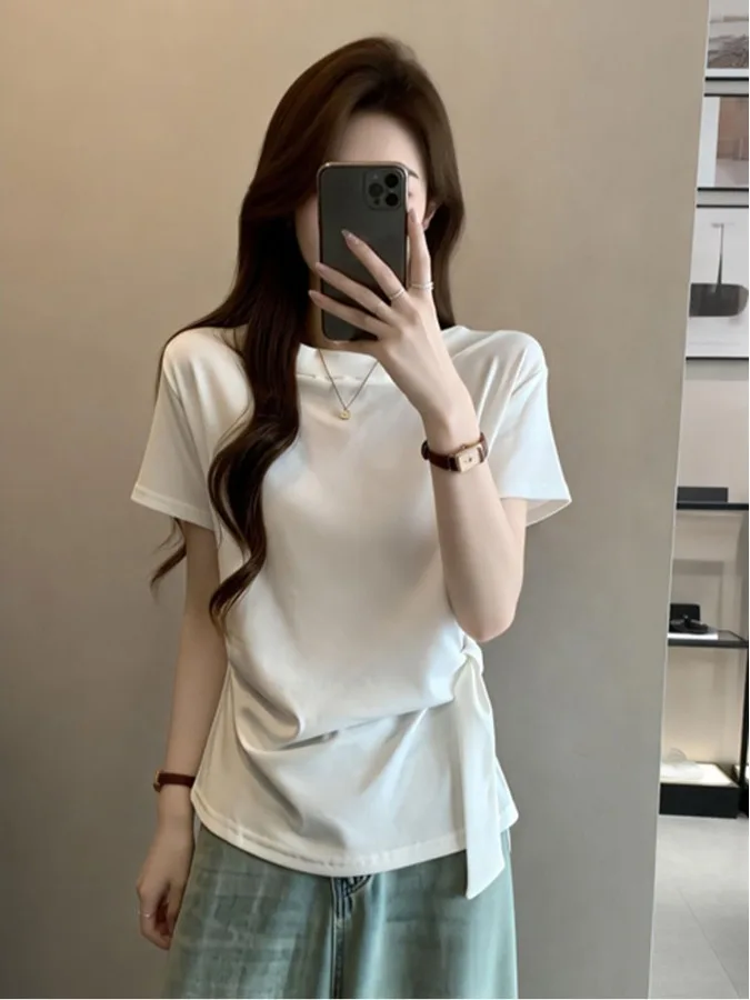 

plus Size Casual Short Sleeve T-Shirt Women Summer New Slimming Design Waist-Cinching Pleated Top Korean Style round Neck