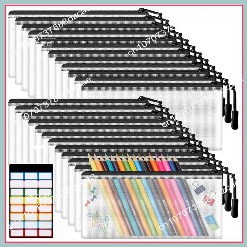 Bolsas de malla con cremallera A26P, 24 Uds., pequeñas bolsas transparentes negras a granel, organización de cosméticos de viaje, suministros para el aula y la oficina