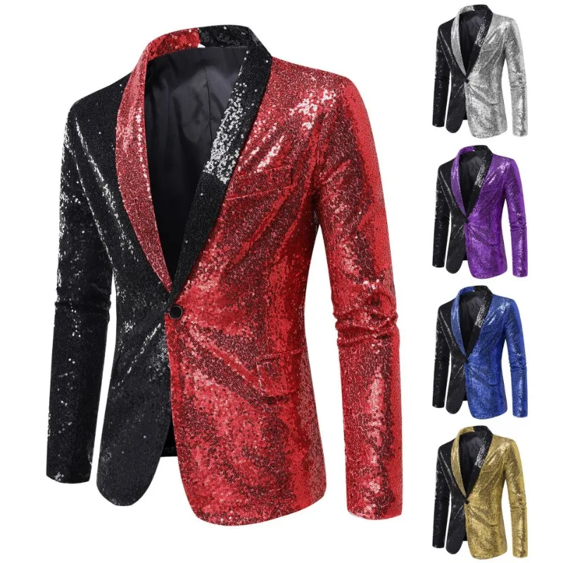 

Performance Dress Color Matching Sequins, Suit, Nightclub, Men's Clothing, Host, Emcee, Cinema Jacket, European Size