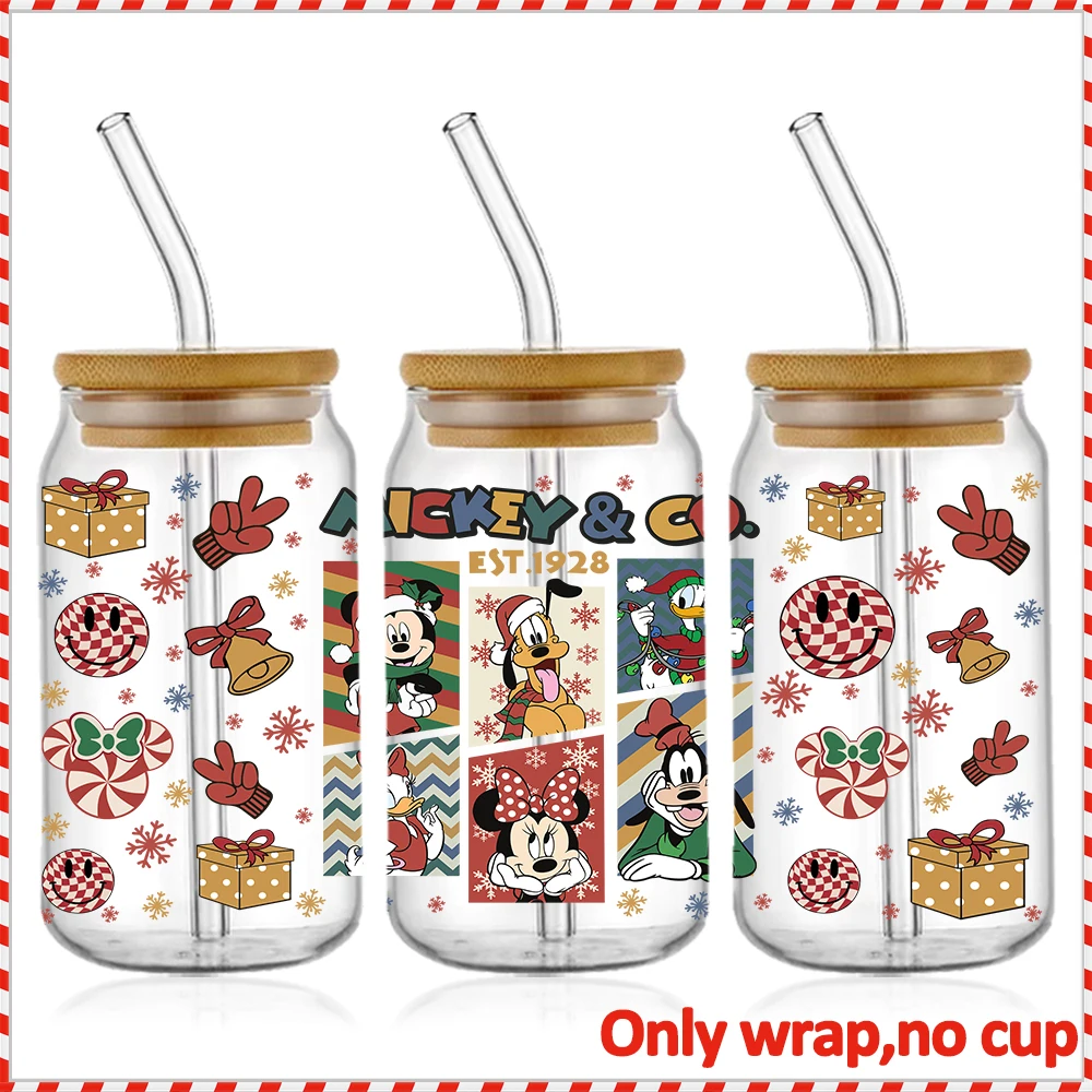 Mickey Christmas 16oz UV DTF Cup Wrap Libbey Glass Plastica Birra Can Tumbler Adesivi per trasferimento Adesivo permanente impermeabile