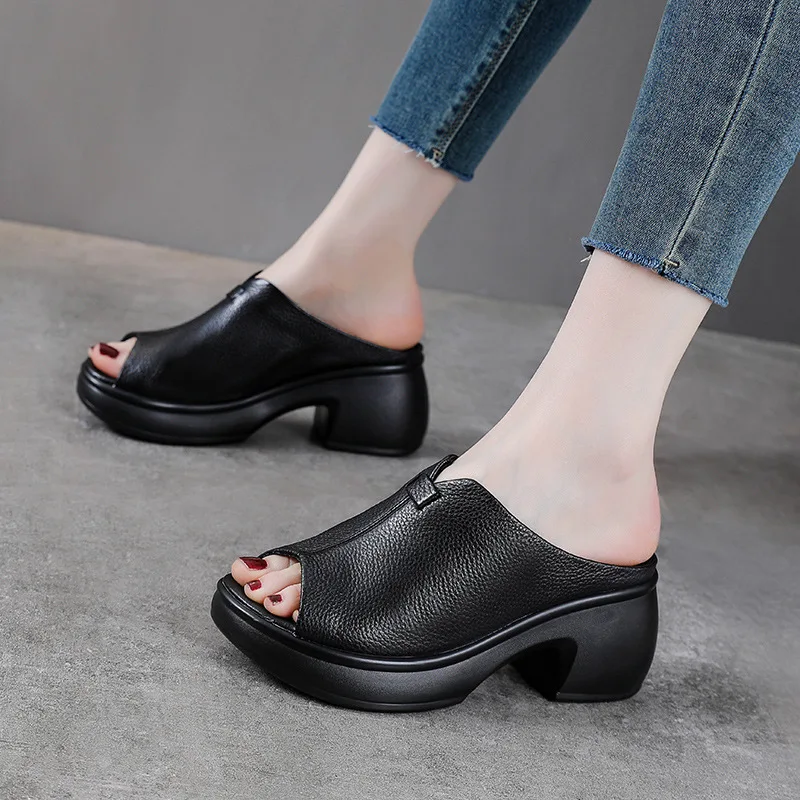 Koznoy-zapatos planos de piel auténtica de vaca para mujer, zapatillas ligeras con plataforma, sin cordones, de goma, cómodas, con punta abierta, de 6cm, flexibles