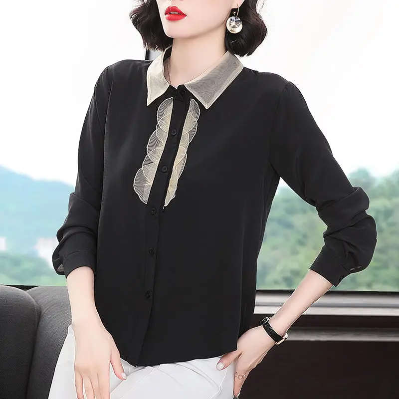 

Chiffon Shirt Top Women's High-end Temperament Collar Middle-aged Mother Early Autumn Black Western-style Polo Shirt
