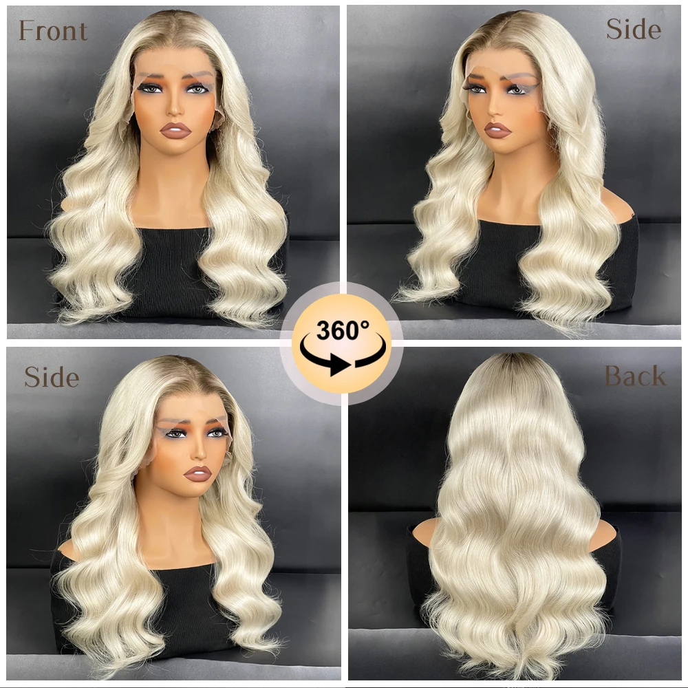 Byluxurious البلاتين لامع الجذر الظل بيتشي موجات 100% عذراء شعر مستعار غير قابل للاكتشاف شعري 180% خفيفة الوزن تصميم الباروكات