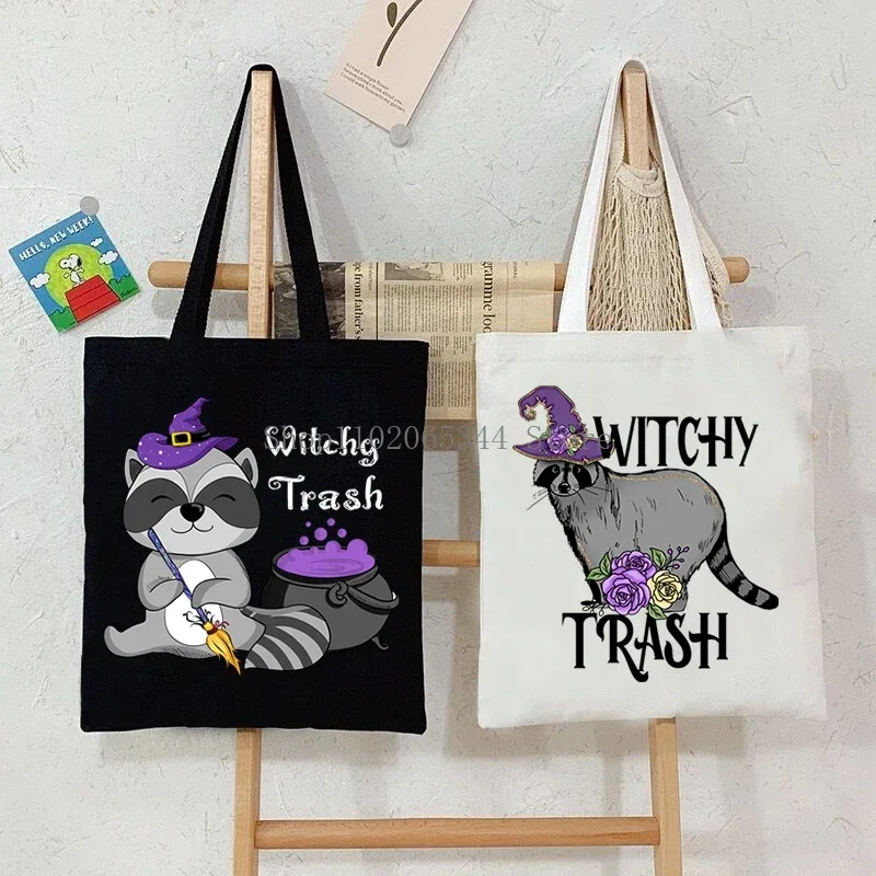 

Withy Trash Raccoon Print Canvas Shoulder Bag Women Gothic Halloween Shopping Bags Teen Casual Cartoon Raccoon Tote Bag Handbag