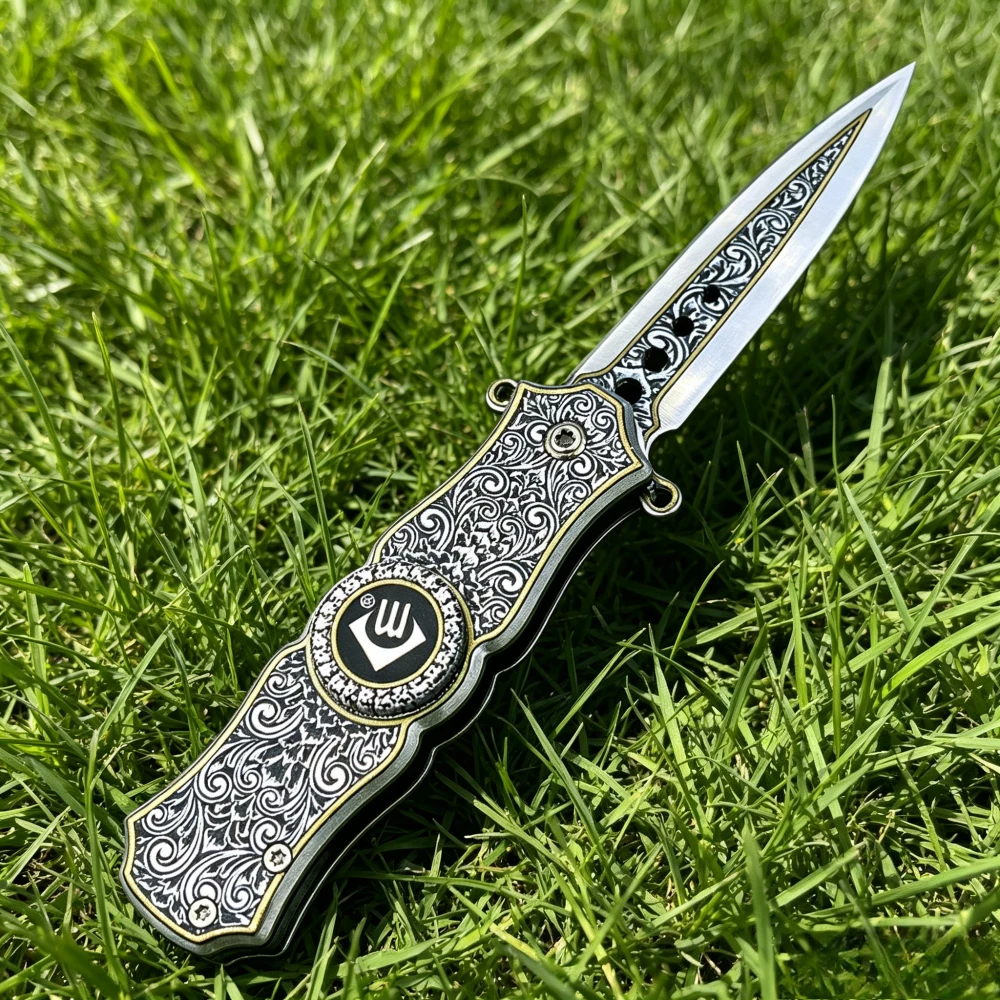 CM78 420 Steel Handle Folding Knife 5Cr13Mov Pattern Blade Portable EDC Pocket Knife for Collection & Gift