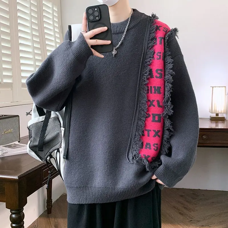 

Мужской утепленный вязаный свитер с круглым вырезом, комбинированный, осенне-зимний, свободный, теплый, шерстяной, для прогулок по городу, подходит для мужчин среднего возраста.