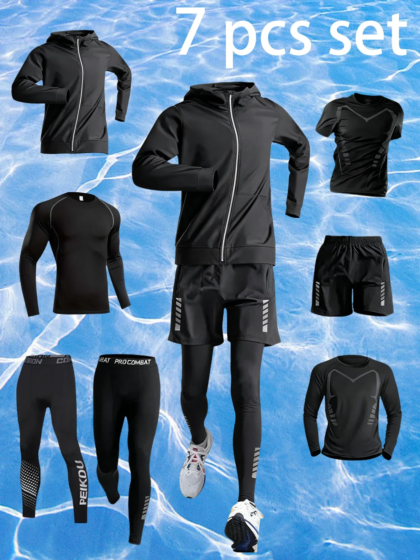 

Marathon Training Set 7 Piece, Compression Running Wear Long Distance Reflective Stripes Quick Dry