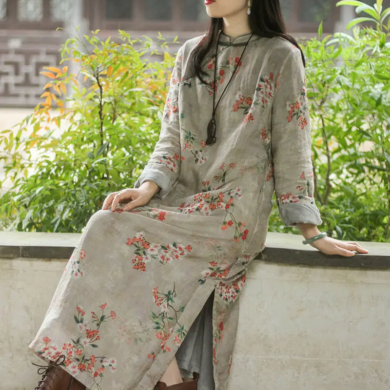 Jesienna etniczna sukienka w stylu vintage, z bawełny i lnu, qipao w stylu chińskim, z długim rękawem, haftowana, codzienna sukienka damska. — zdjęcie 2