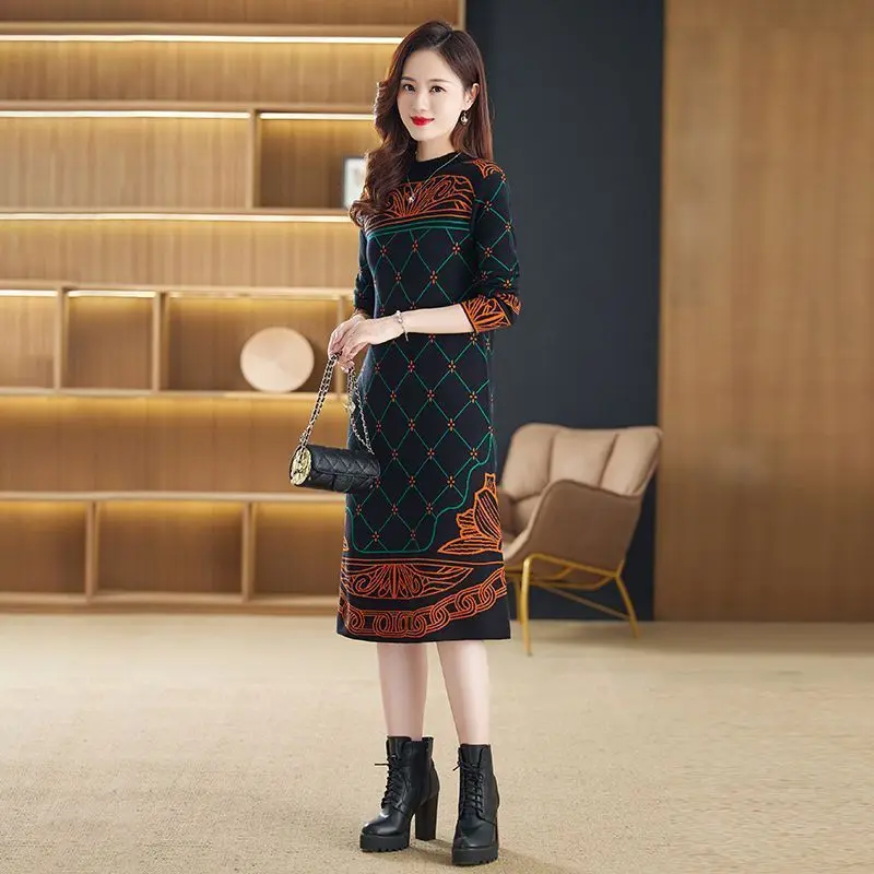 Women Vintage Print Patchwork Oversize Knit Dress 2024 New Autumn Winter Clothes Half High Collar Knee-length Female Sweater