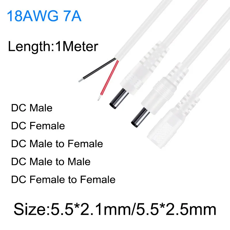 white 1m DC Male female to Female 2 pin wire Power Supply Connector extension adapter Cable 5.5x2.1mm 5.5x2.5mm For camera cord