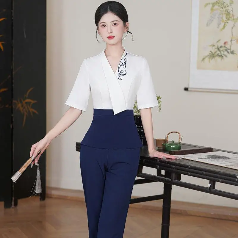 Beauty Salon Uniform Set Print Logo Professional Foot Bath Spa Sauna Massage Suit Maid Makeup Artist Nail Art Hotel Work Uniform