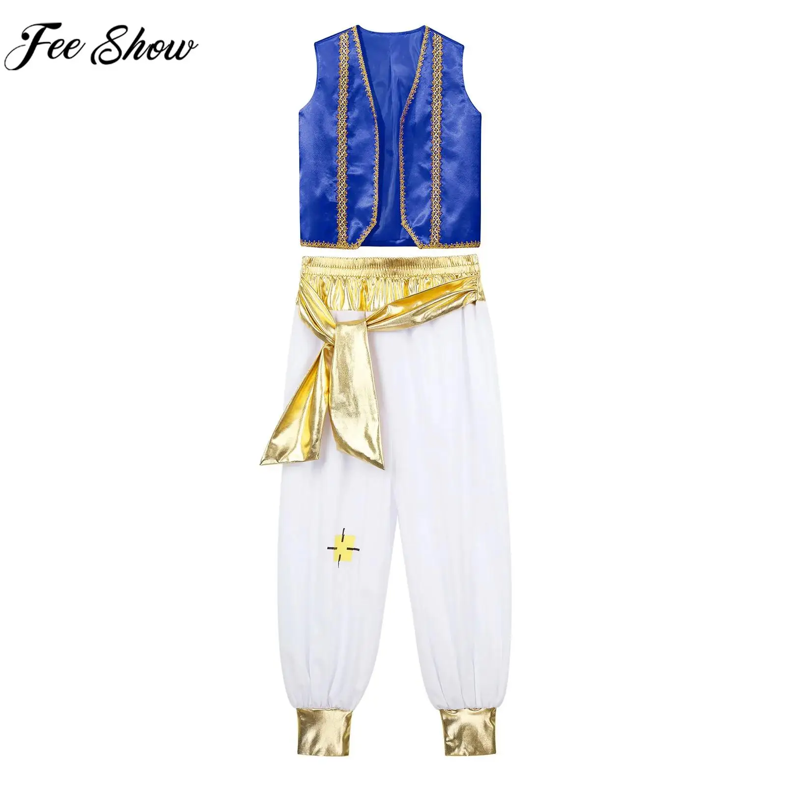 

Children Boys Halloween Theme Party Arabian Prince Cosplay Performance Costume Sleeveless Braided Trim Vest with Pants Set