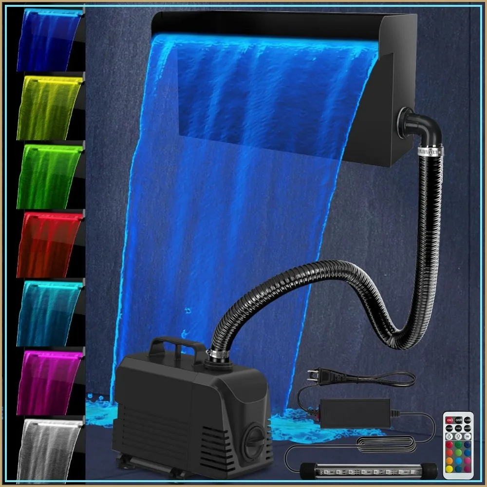 

LED Pond Waterfall Kit, 304 Stainless Steel Spillway with 660GPH Pump, Outdoor Fountain for Garden, Backyard & Pool (8 inch)