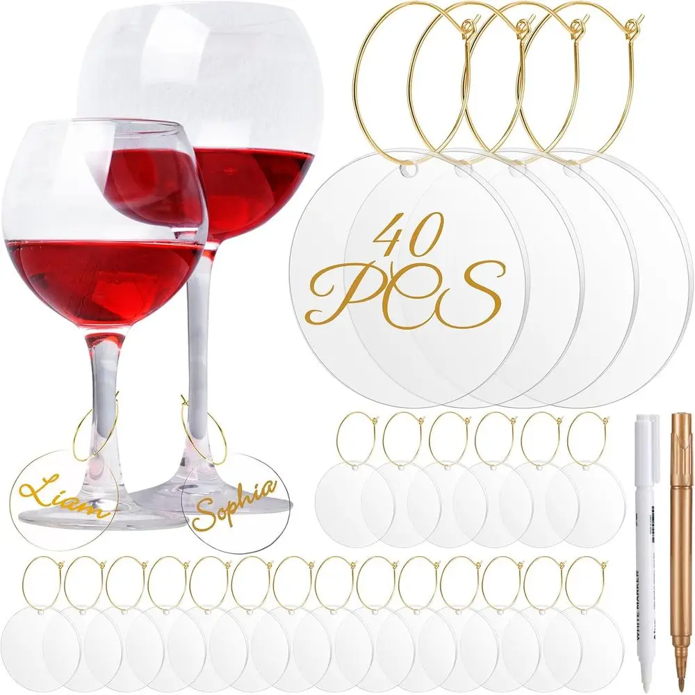 

40 Pack DIY Acrylic Wine Charms with Rings and Marker Pen for Personalized Glass Labels - Ideal for Cocktails, Champagne, Weddin