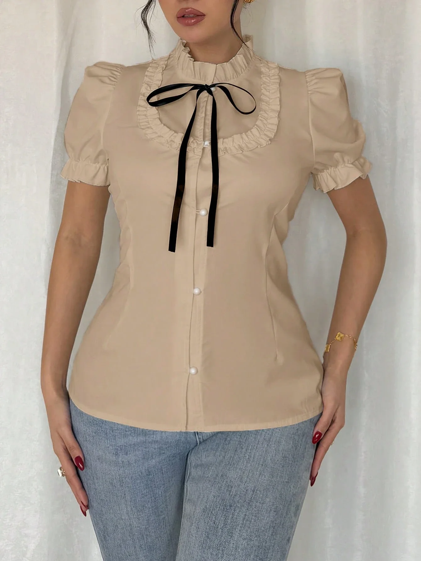 

Ruffle Collar Bowknot Puff Sleeve Blouse For Women