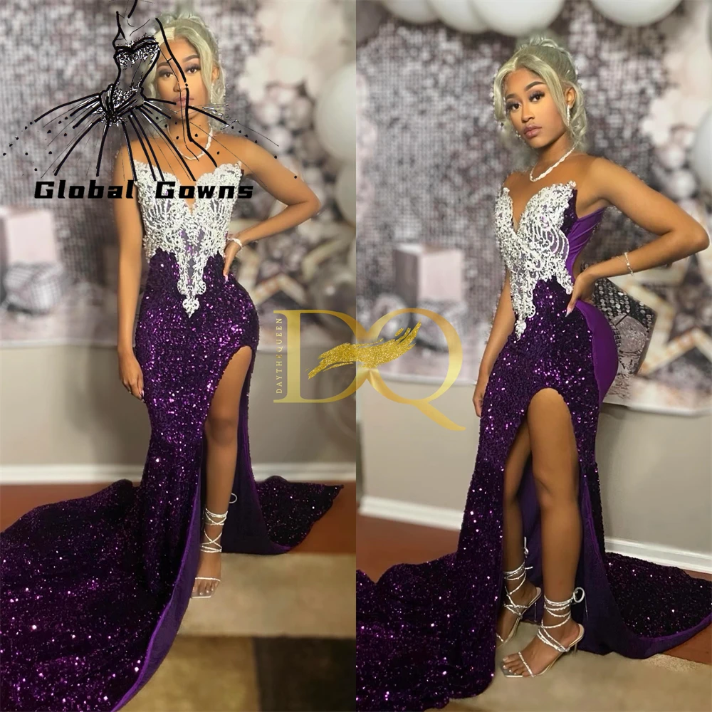 Purple Sheer O Neck Long Prom Dresses For Black Girls Appliques Birthday Dress Gowns Sequined High Slit Homecoming Robe De Bal