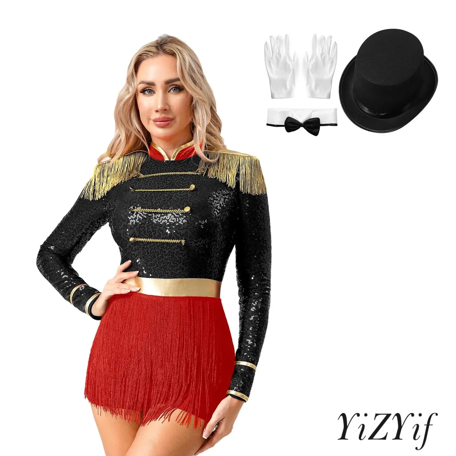 

Womens Circus Ringmaster Costume Tassel Epaulets Gold Trim Fringe Bodysuit+Hat Bowtie+Gloves for Halloween Magician Cosplay