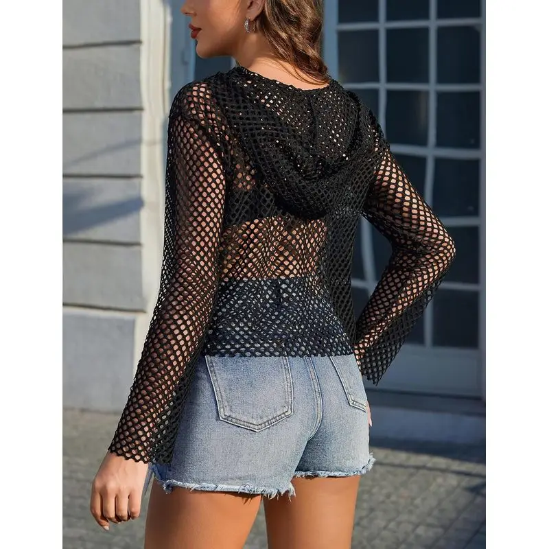 Avidlove Women's Fishnet Top Hoodie Crop Tops Pullover Sweatshirt Rave | Long Sleeve,Hollow Out,Cover Up,Neon Mesh,drawstring ho