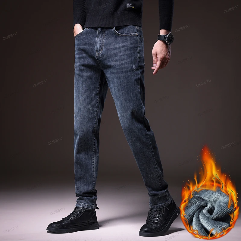 Winter Fleece Warm Thick High Quality Men's Jeans Casual Biker Denim Pants Classic Overalls Outdoors Korea Slim Plush Trousers