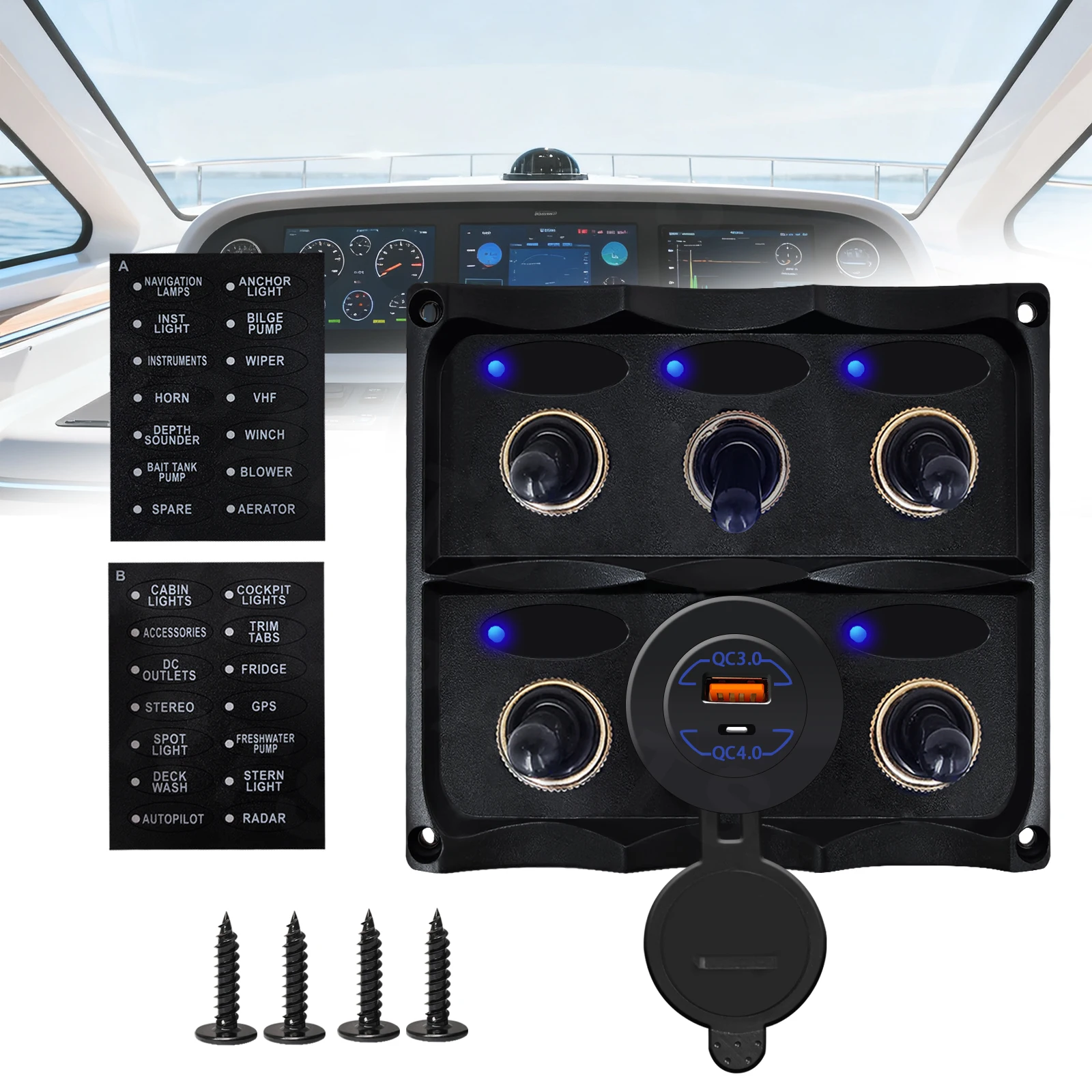 Waterproof Marine Toggle Switch Panel Pre-wired Circuit Breaker Type C PD QC4.0 USB 12V Power Socket for Car Boat Yacht Trailer