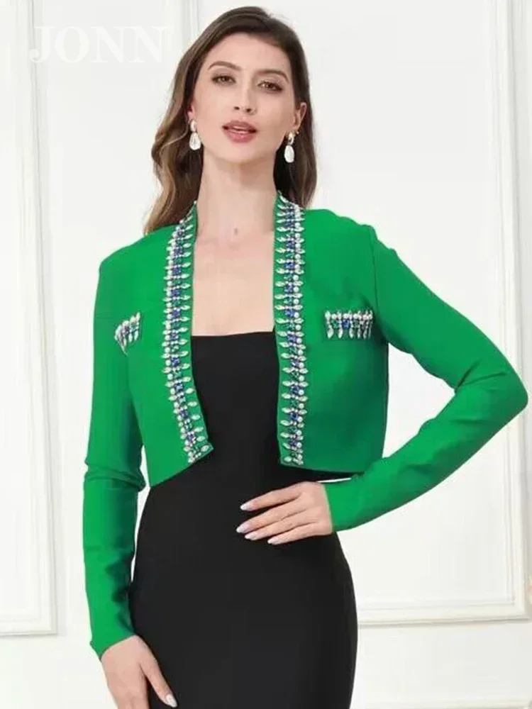 

JONN Elegant Green Jacket for Women Pretty Long Sleeve Short Cropped Outerwear 2024 Spring Fashion Trendy Style