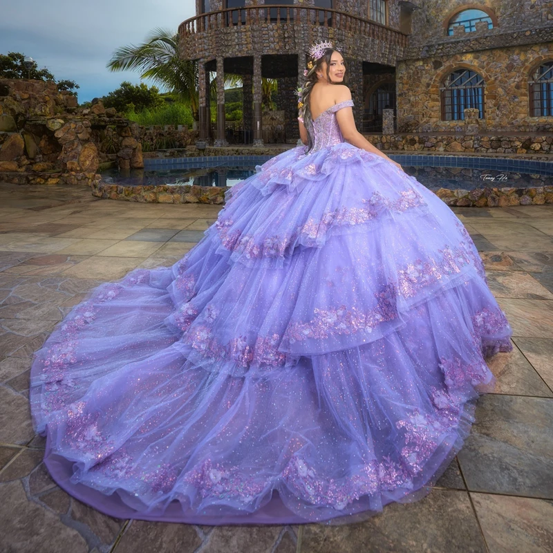 Lavanda brilhante quinceanera vestidos de baile fora do ombro lantejoulas apliques rendas miçangas cristal tull doce 16 vestido vestidos de