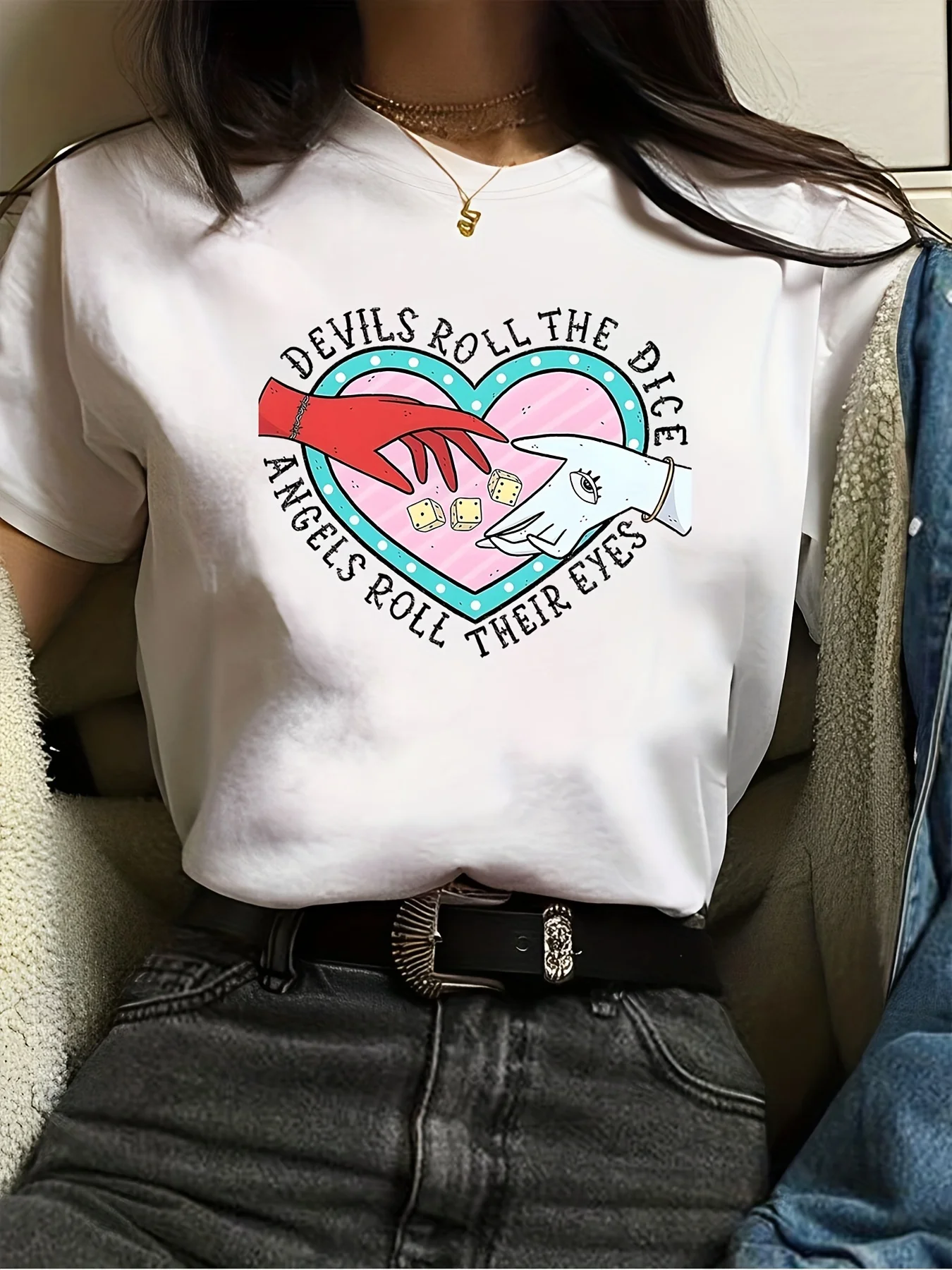 Devils Roll The Dice Angels Roll Their Eyes T-Shirt Summer Women Tracksuit Casual Sportswear Harajuku Fashion Streetwear