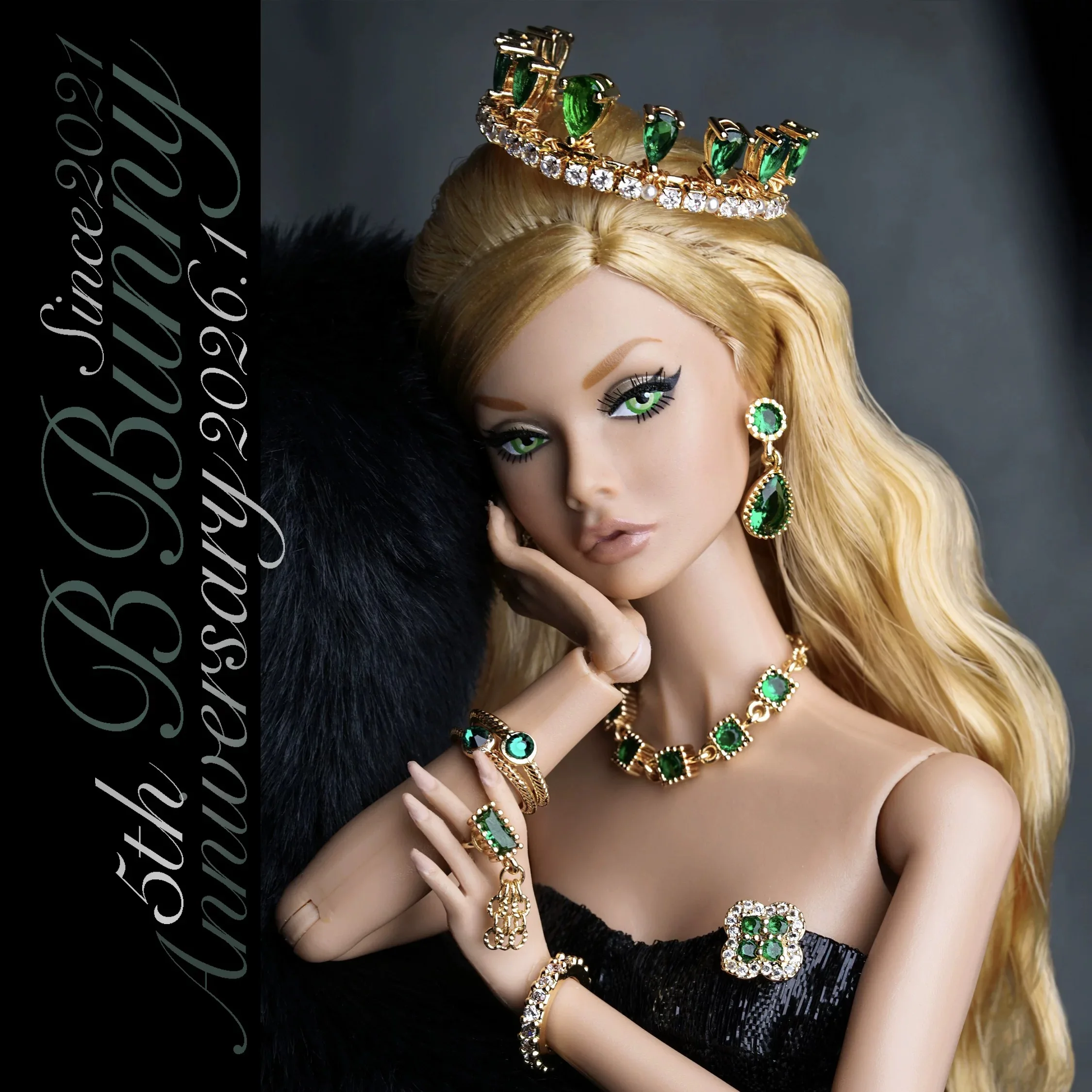 

1/6 Doll Jewellery Accessories Original Design Luxury Emerald Crown/Diamond Necklace/Drop Earrings/Tassel Ring For Baibi Doll