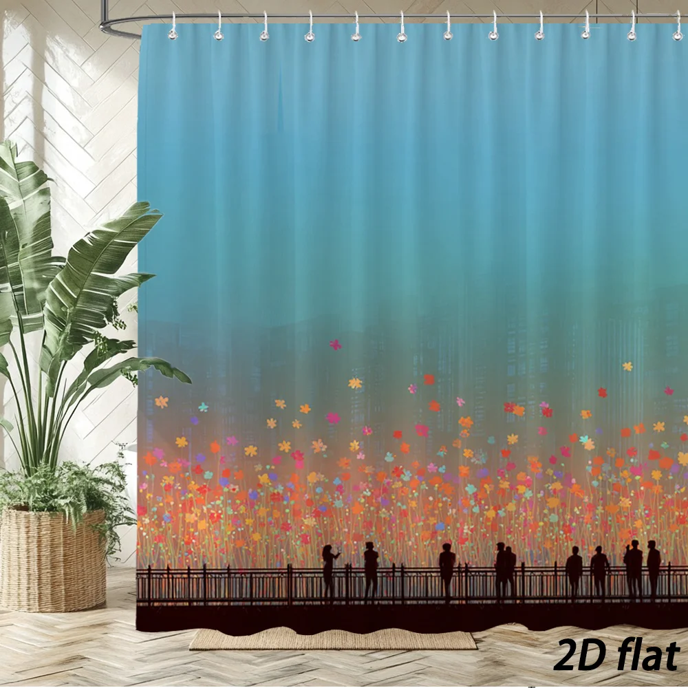 Vibrant Sunset Flower Field Cityscape Shower Curtain for Bathroom Decor