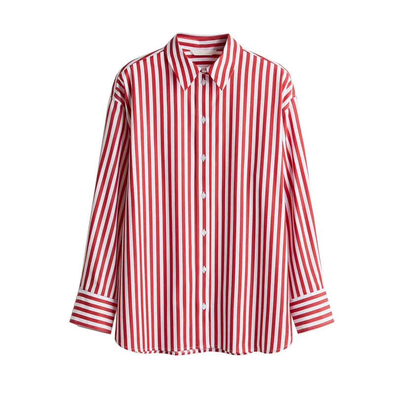 

Summer New Women's Loose Faion Simple Comfortable Turn-down Collar Striped Long Sve irt Top Polyester Fiber UV Protection