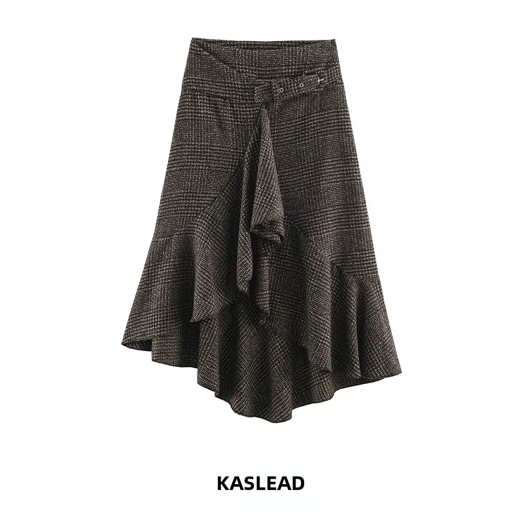 KASLEAD New Women's Asymmetrical Design High-End Feelings Skirt Standard Version Polyester Fiber Mid-Waist A-Line Skirt