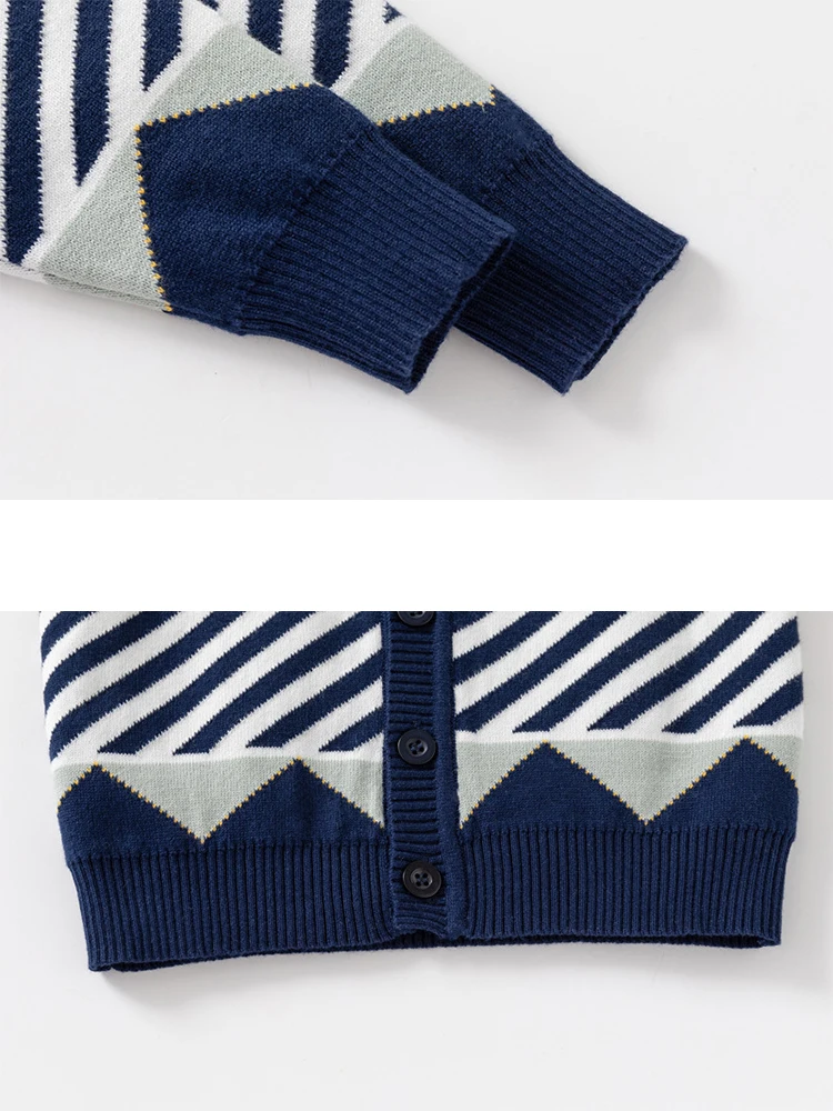 Children Sweater Winter Double-layer Cotton Striped Kid Knitted Sweaters For Boys Girls Cardigan Baby Jacket Navy And Beige Coat