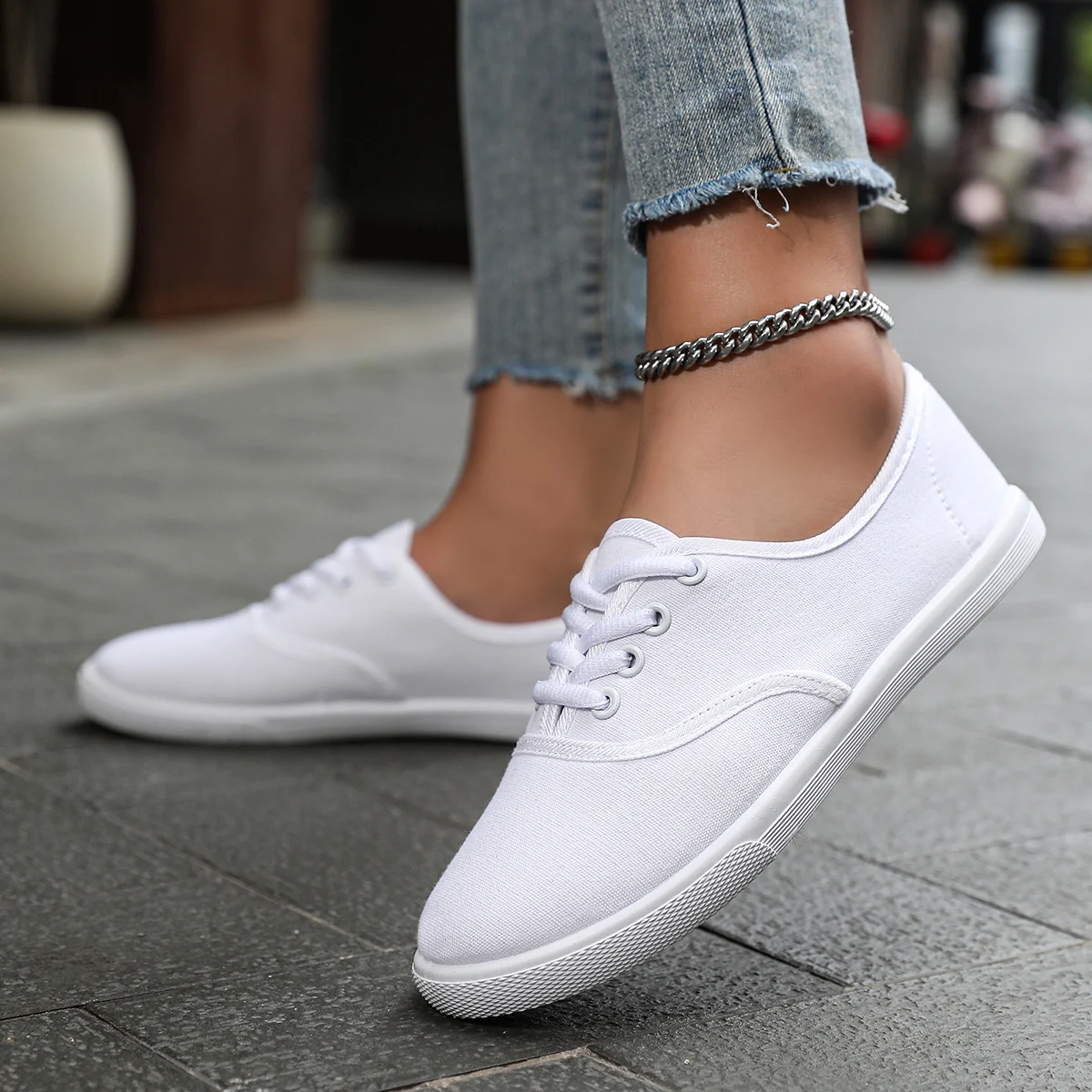 Women's Solid Color Canvas Sneakers, Simple Style Lace-Up Flat Walking Shoes, Casual Lightweight Student Shoes image 3